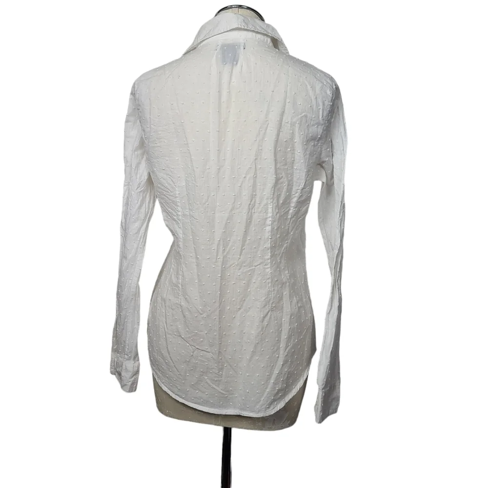 BCBGMAXAZRIA White Swiss Dot Ruffle Long Sleeve Button Down Blouse L - Picture 5 of 8